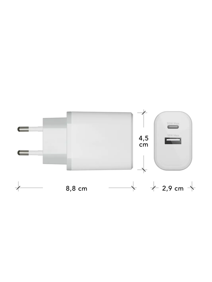re-charge - EU Wall Charger - USB-C 30W+USB-A 18W - White Power Adapters & Chargers
