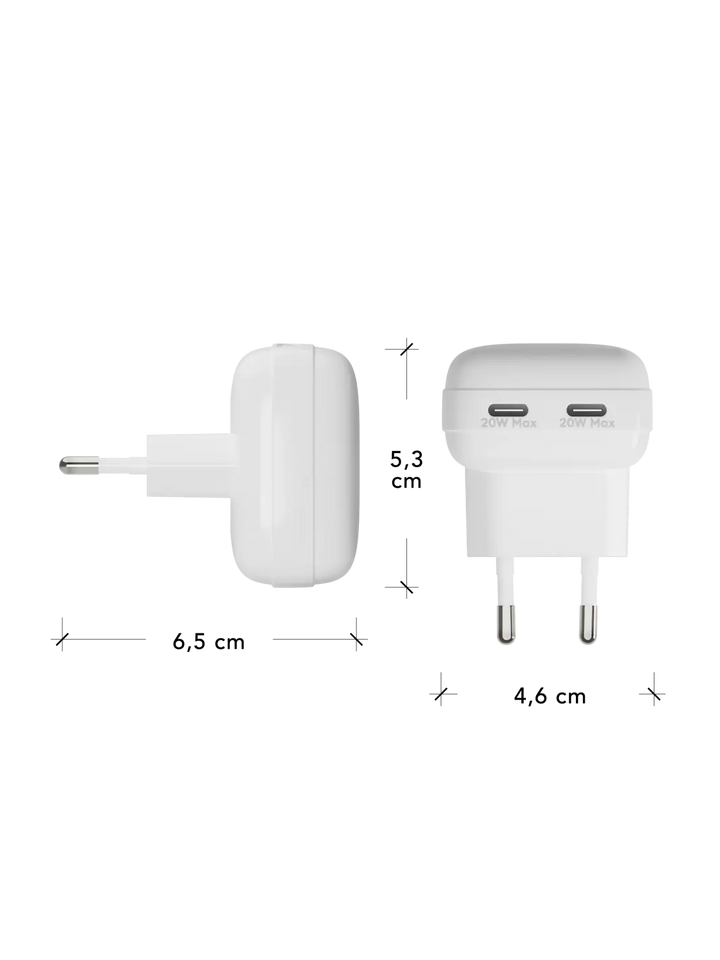 re-charge Pro - EU Flat Wall Charger 2xUSB-C 20W - White Power Adapters & Chargers