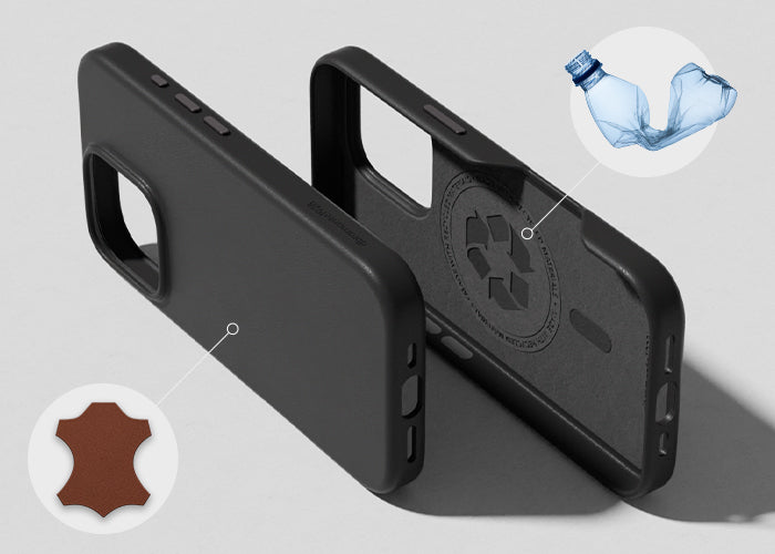 Black Roskilde MagSafe recycled plastic and full-grain leather phone case for iPhone 16