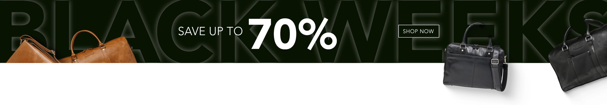 Black Weeks save up tp 70% campaign banner with bags.