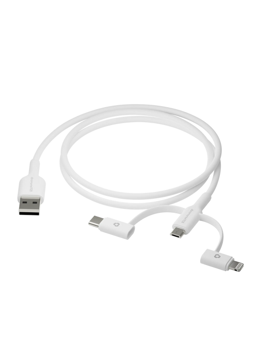 re-charge - 3-i-1-kabel-USB A til USB-A, C og Lightning - Hvid