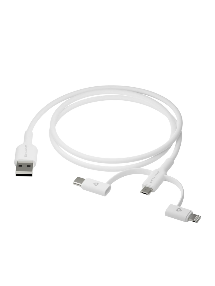 re-charge - 3in1 Cable–USB A to USB-A,C & Lightning - White