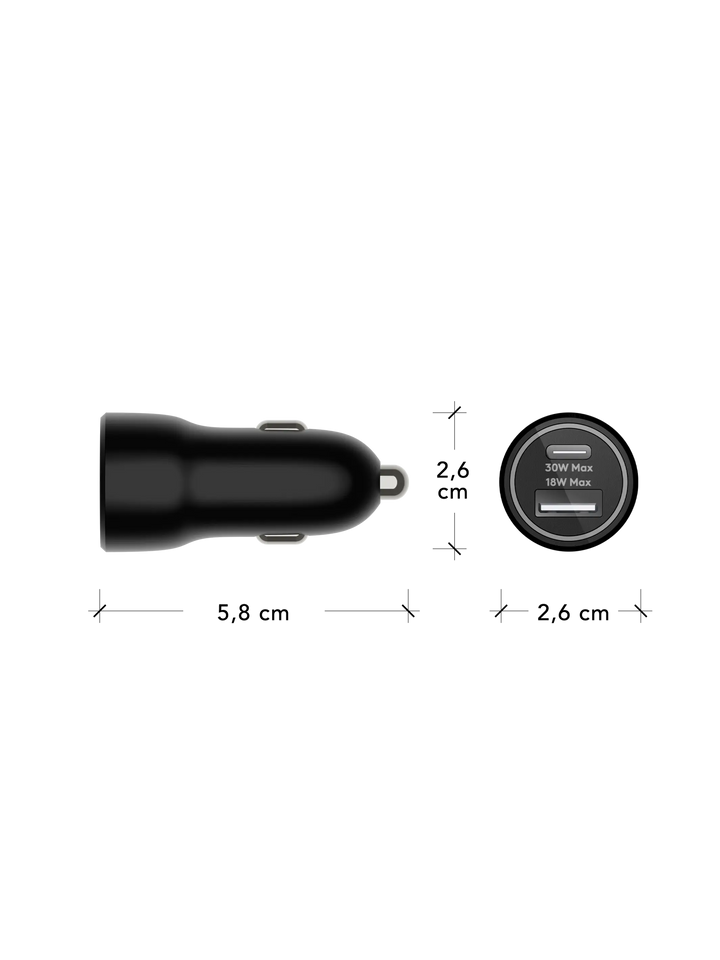 re-charge - Car Charger - USB-C 30W+USB-A 18W - Black