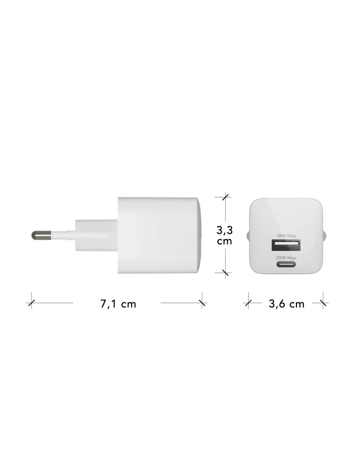 re-charge Pro - EU Wall Charger USB-C 30W + USB-A 18W - White Power Adapters & Chargers