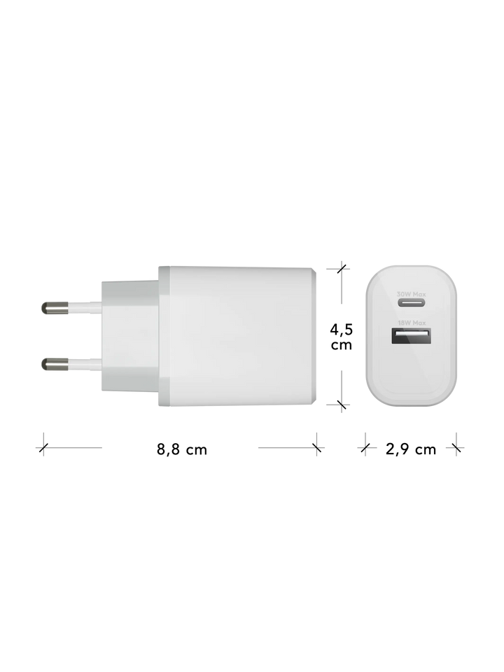 re-charge - EU Wall Charger - USB-C 30W+USB-A 18W - White Power Adapters & Chargers