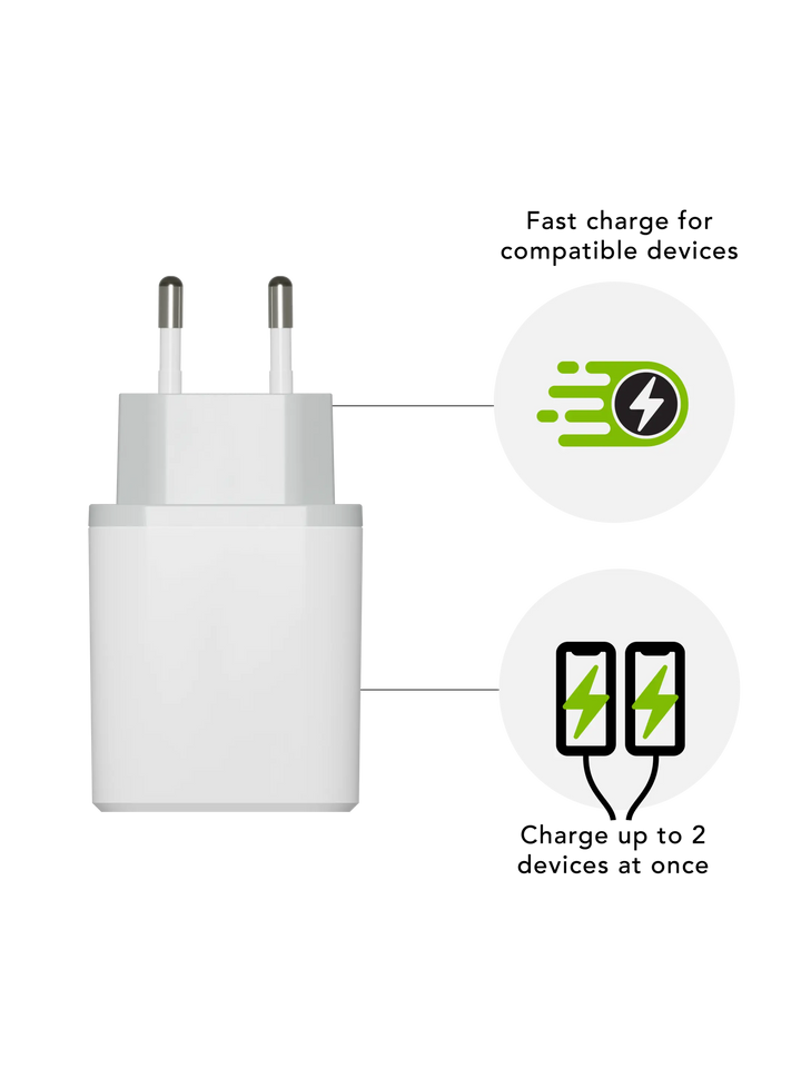 re-charge - EU-vægoplader - USB-C 30W+USB-A 18W - Hvid