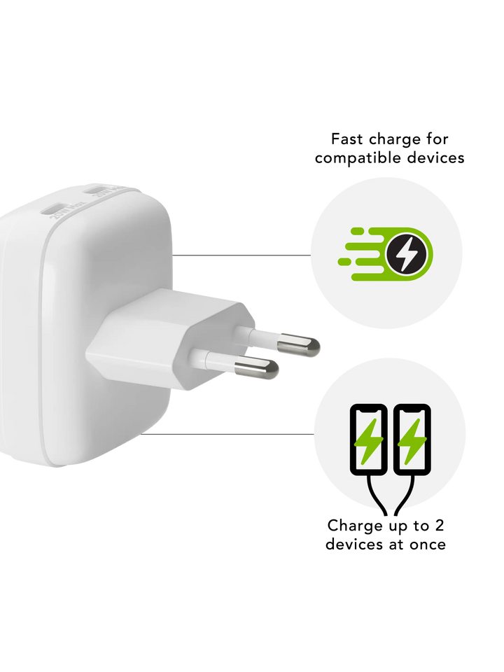 re-charge Pro - EU Flat Wall Charger 2xUSB-C 20W - White