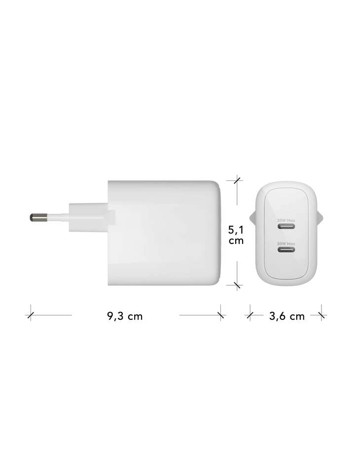 re-charge Pro - EU Wall Charger - 2x USB-C 30W - White Power Adapters & Chargers