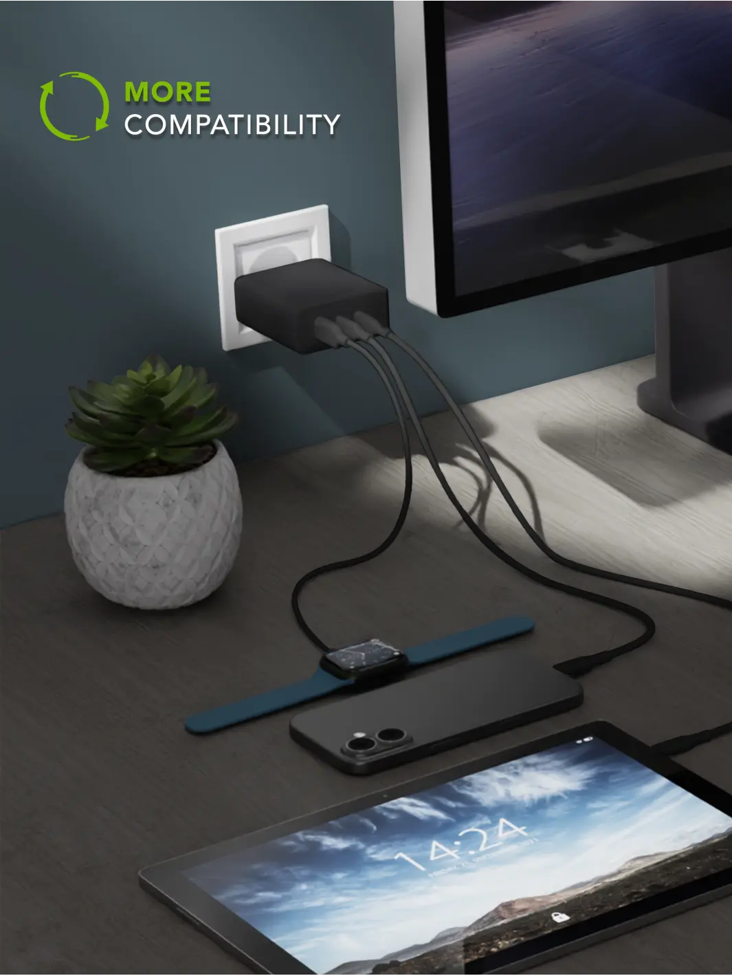 re-charge IT - EU-Wandladegerät - 2xUSB-C 100W + 1xUSB-A - Schwarz