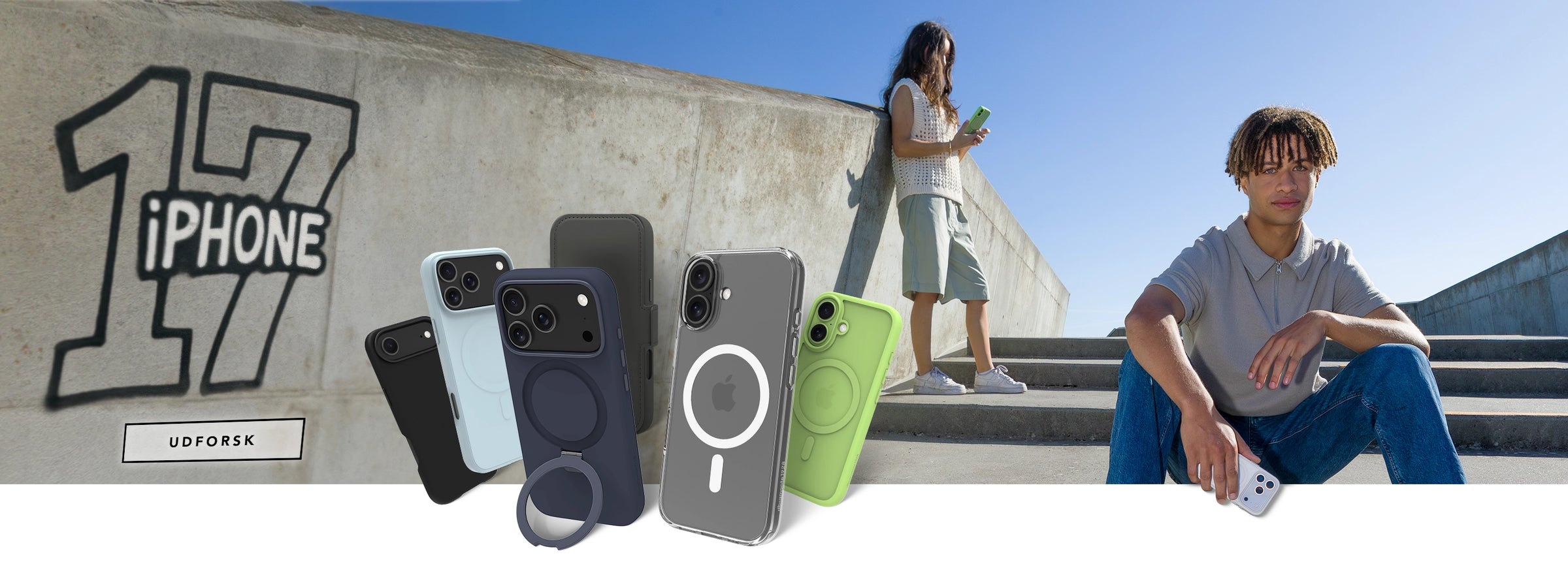 Smartphone cases with 'iPhone 17' branding displayed, with people in the background.